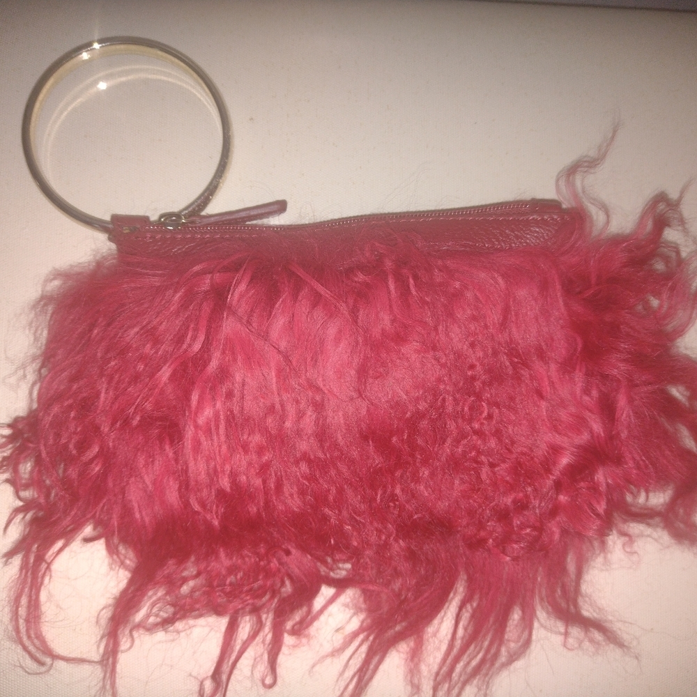Aqua Madonna Lamb Fur Burgundy Wristlet